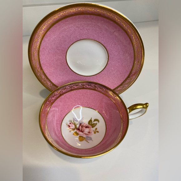 Vtg Aynsley Hand Painted Teacup and Saucer Pink Rose Pink Marble Like Gold Trim - Picture 2 of 10